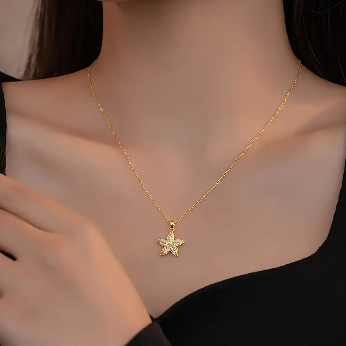 Luxury Gold-Plated Starfish Pendant Necklace with Crystal Studded Charm for Women